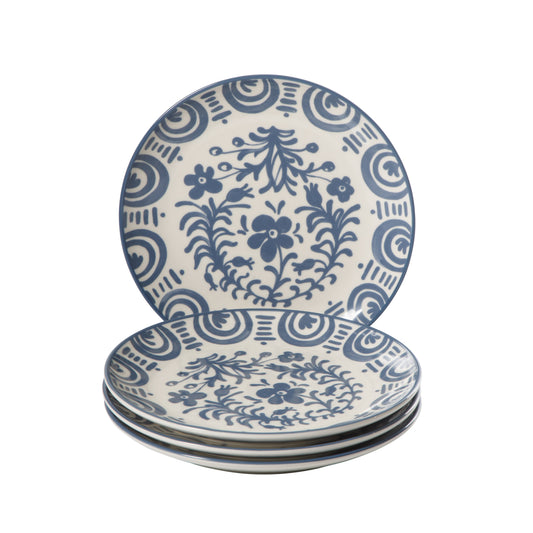 Bloomhouse - 2-Time Oprah’s Favorite Things - Valencia Flor 4 Piece Dessert & Salad Plate Set, 8.75” Stoneware Plates, Mediterranean Floral Decal Design, Microwave & Dishwasher Safe