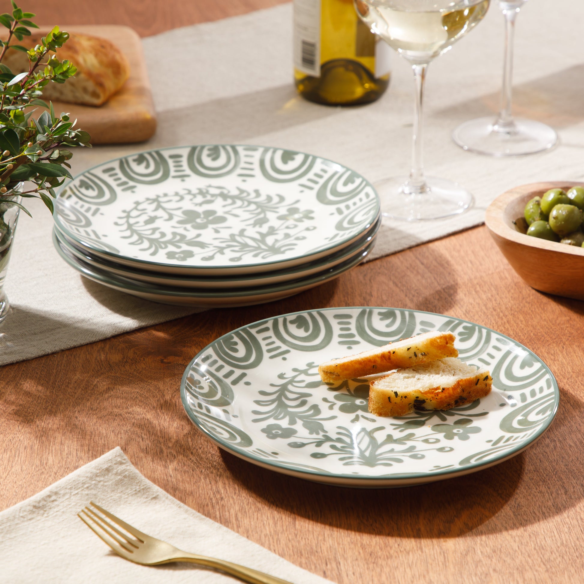 Bloomhouse - 2-Time Oprah’s Favorite Things - Valencia Flor 4 Piece Dessert & Salad Plate Set, 8.75” Stoneware Plates, Mediterranean Floral Decal Design, Microwave & Dishwasher Safe