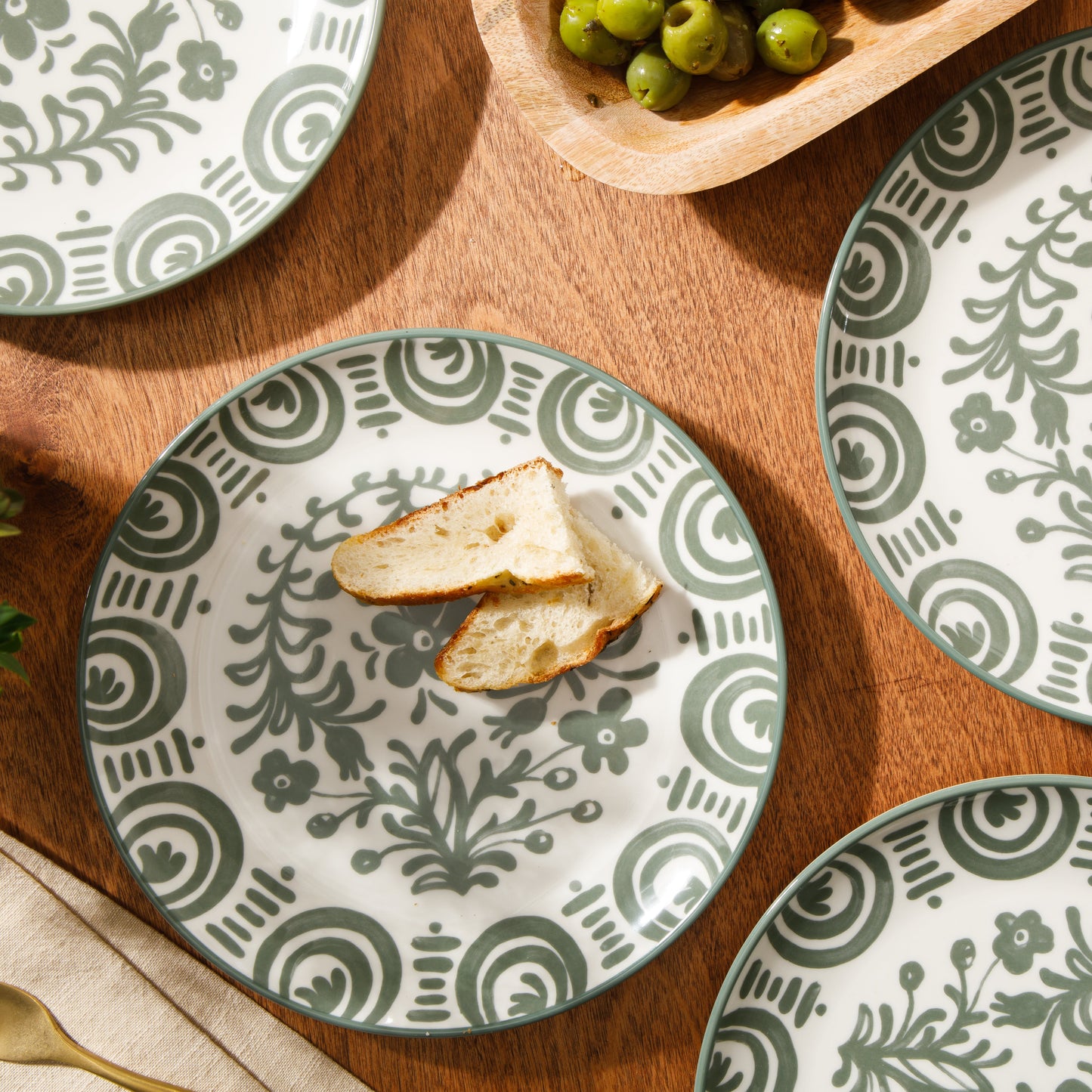 Bloomhouse - 2-Time Oprah’s Favorite Things - Valencia Flor 4 Piece Dessert & Salad Plate Set, 8.75” Stoneware Plates, Mediterranean Floral Decal Design, Microwave & Dishwasher Safe