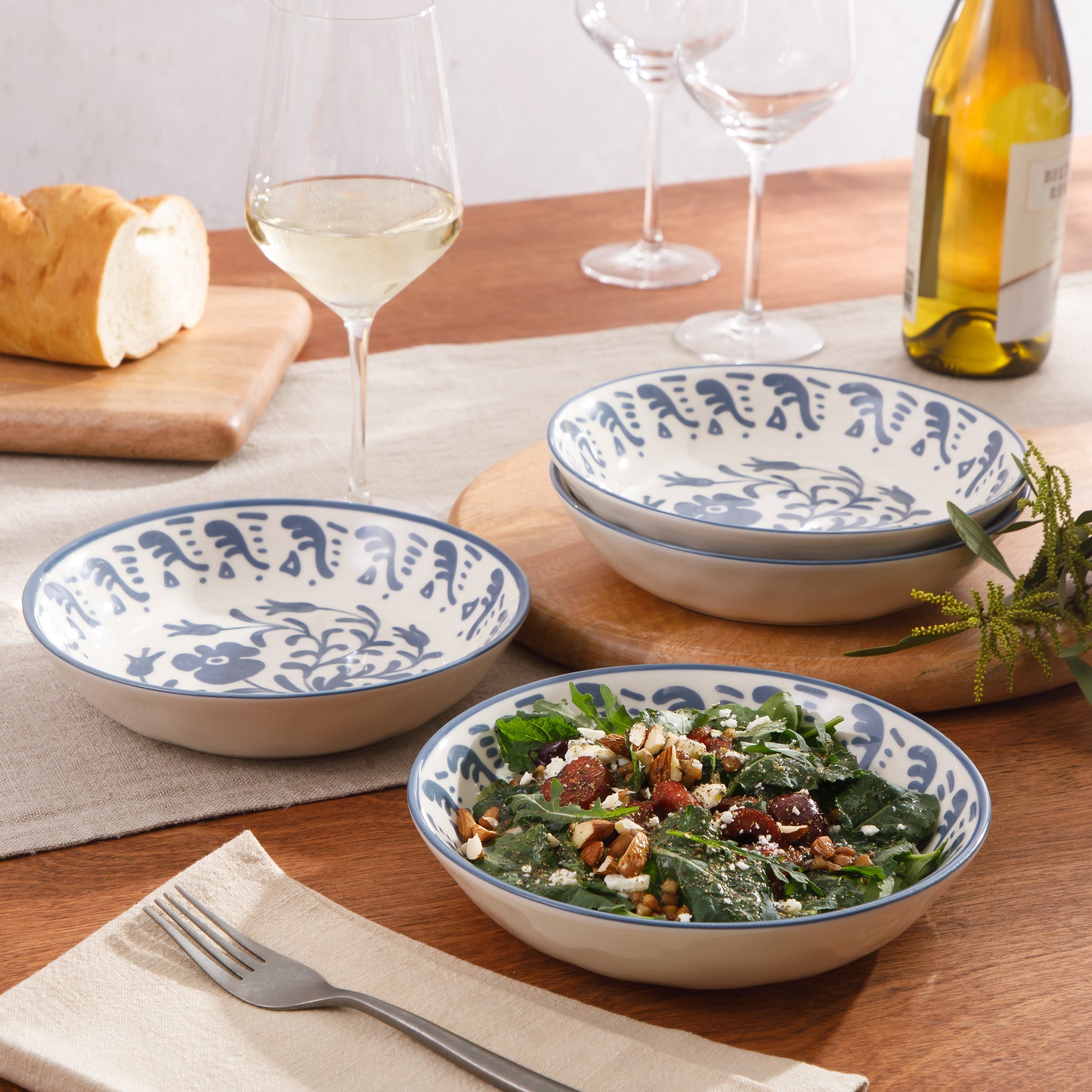 Bloomhouse - 2-Time Oprah’s Favorite Things - Valencia Flor 4 Piece Dinner Bowl Set, 8” Stoneware Pasta Bowls, Mediterranean Floral Decal Design, Microwave & Dishwasher Safe