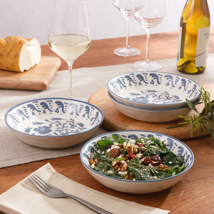 Bloomhouse - 2-Time Oprah’s Favorite Things - Valencia Flor 4 Piece Dinner Bowl Set, 8” Stoneware Pasta Bowls, Mediterranean Floral Decal Design, Microwave & Dishwasher Safe