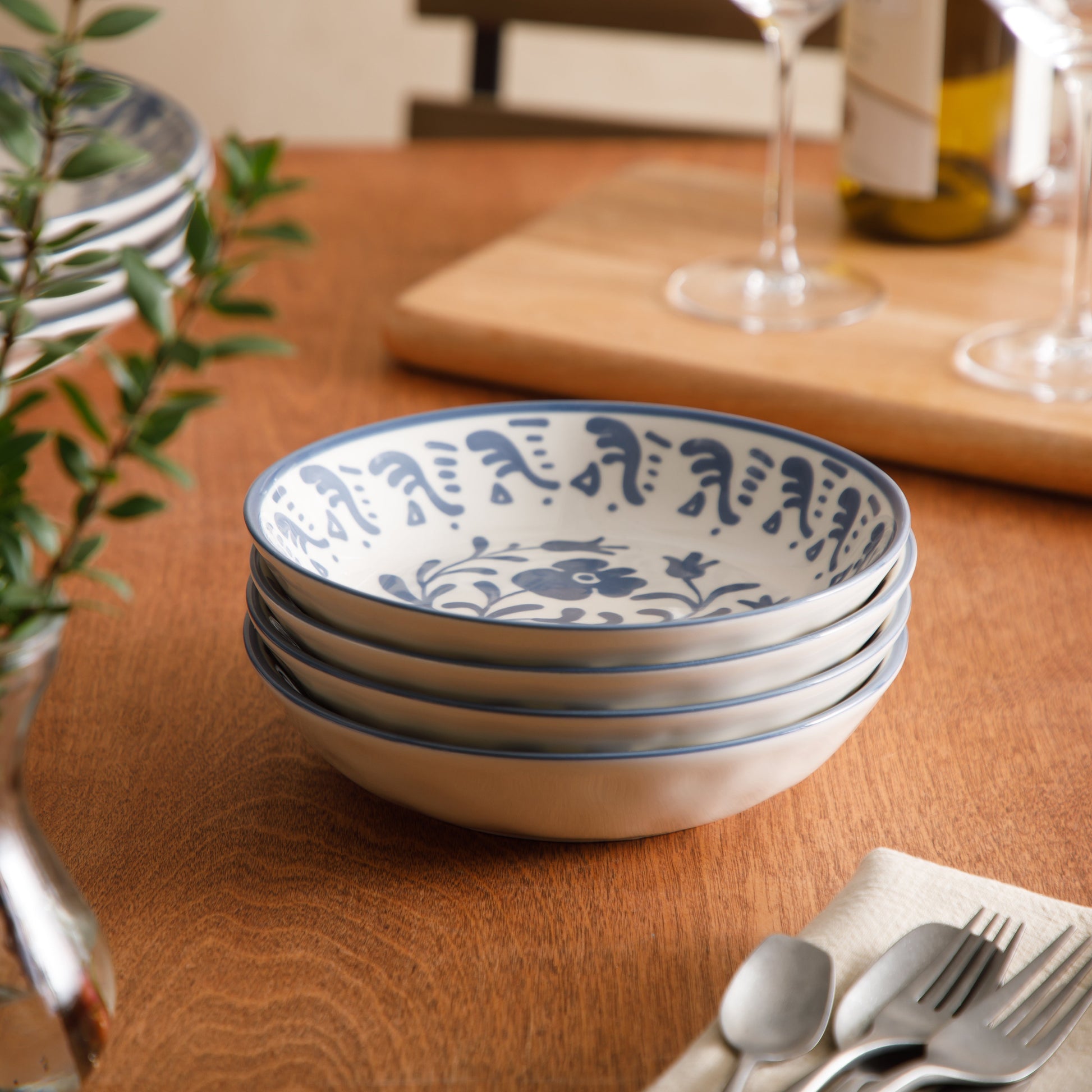 Bloomhouse - 2-Time Oprah’s Favorite Things - Valencia Flor 4 Piece Dinner Bowl Set, 8” Stoneware Pasta Bowls, Mediterranean Floral Decal Design, Microwave & Dishwasher Safe