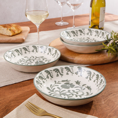 Bloomhouse - 2-Time Oprah’s Favorite Things - Valencia Flor 4 Piece Dinner Bowl Set, 8” Stoneware Pasta Bowls, Mediterranean Floral Decal Design, Microwave & Dishwasher Safe