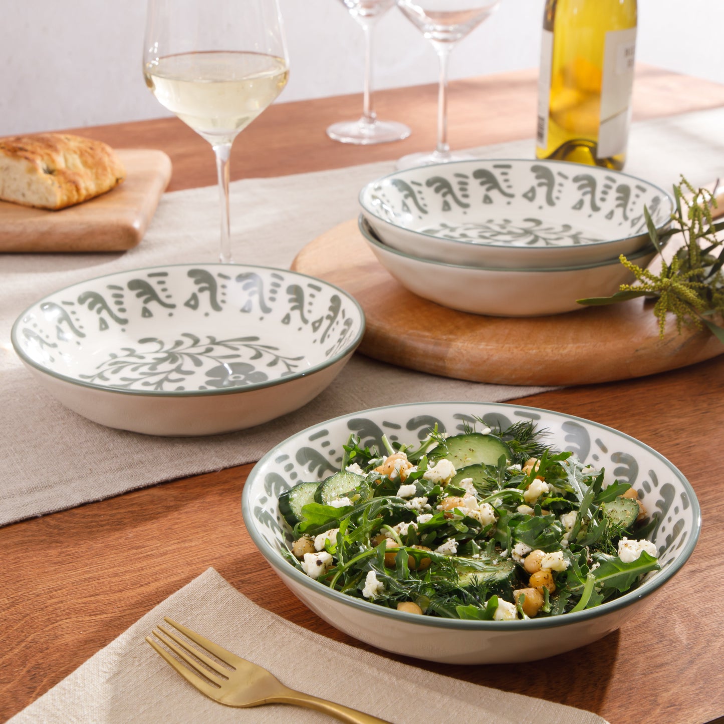 Bloomhouse - 2-Time Oprah’s Favorite Things - Valencia Flor 4 Piece Dinner Bowl Set, 8” Stoneware Pasta Bowls, Mediterranean Floral Decal Design, Microwave & Dishwasher Safe