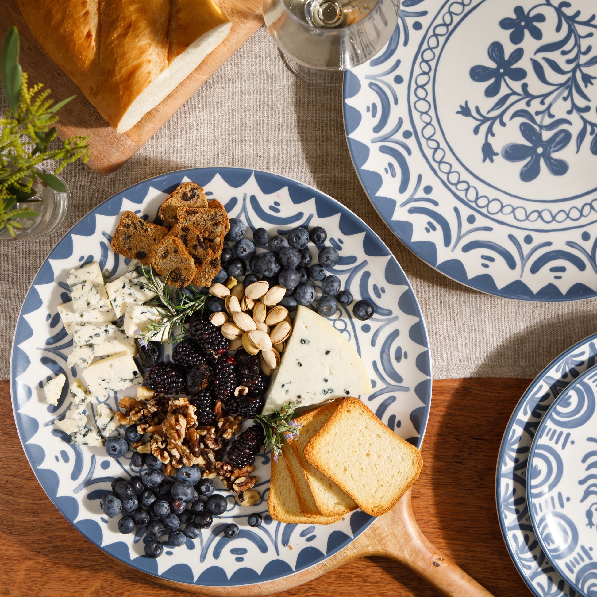 Bloomhouse - 2-Time Oprah’s Favorite Things - Valencia Flor 2 Piece 13” Serving Platter Set, Stoneware Platters, Mediterranean Floral Decal Design, Microwave & Dishwasher Safe, Iris Blue