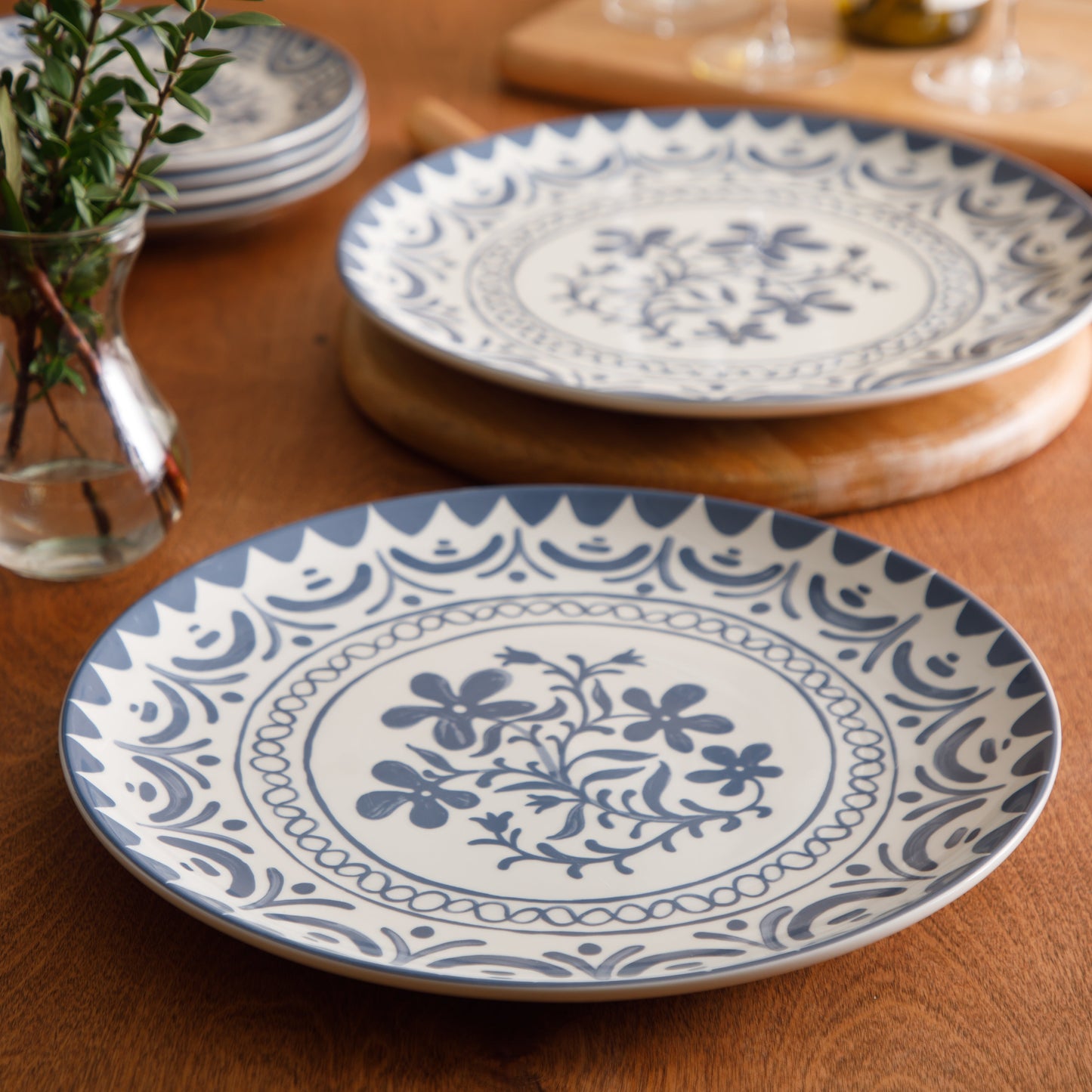 Bloomhouse - 2-Time Oprah’s Favorite Things - Valencia Flor 2 Piece 13” Serving Platter Set, Stoneware Platters, Mediterranean Floral Decal Design, Microwave & Dishwasher Safe, Iris Blue