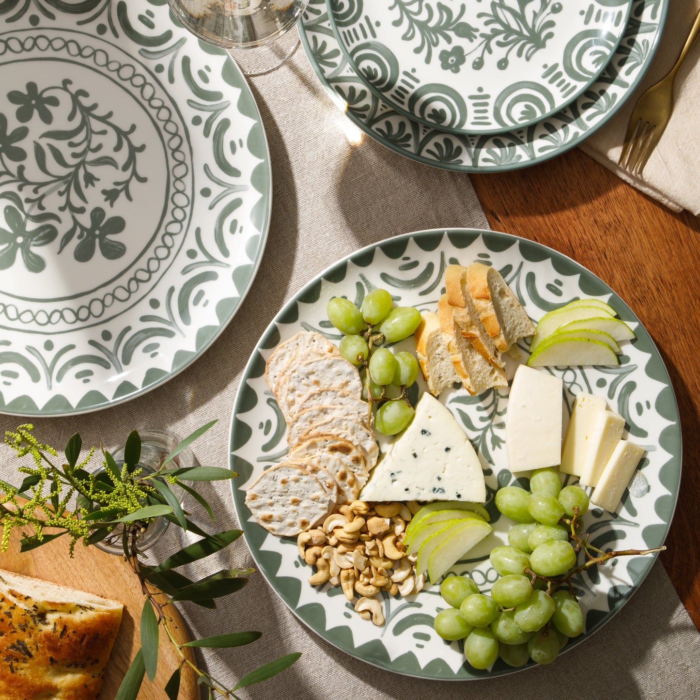 Bloomhouse - 2-Time Oprah’s Favorite Things - Valencia Flor 2 Piece 13” Serving Platter Set, Stoneware Platters, Mediterranean Floral Decal Design, Microwave & Dishwasher Safe, Iris Blue