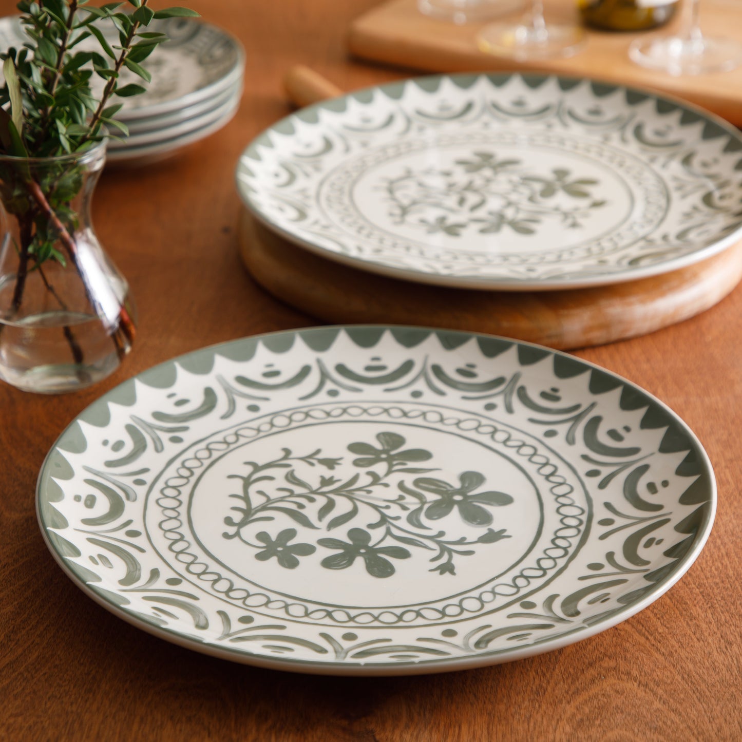 Bloomhouse - 2-Time Oprah’s Favorite Things - Valencia Flor 2 Piece 13” Serving Platter Set, Stoneware Platters, Mediterranean Floral Decal Design, Microwave & Dishwasher Safe, Iris Blue