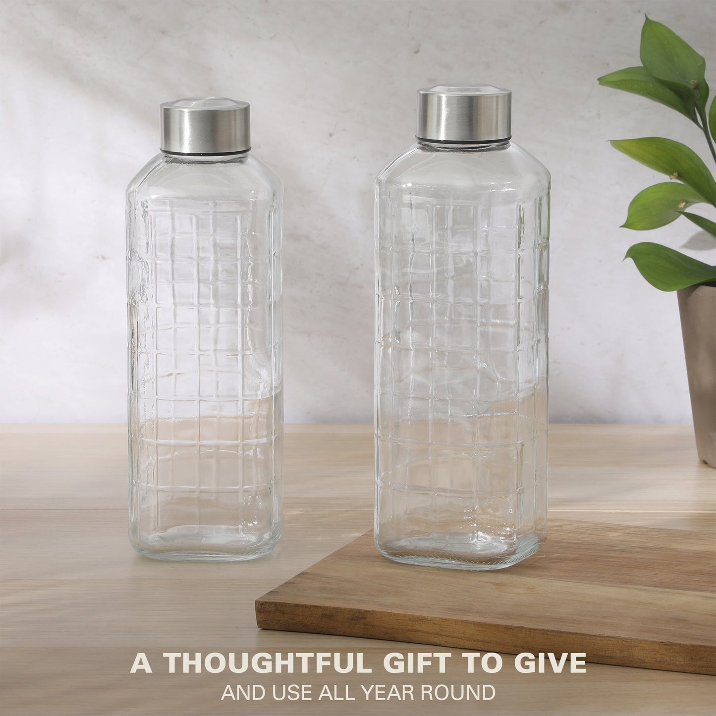 Gibson Home Whistler Peak 2 Piece Large Embossed Reusable Glassed Bottles W/ Airtight Leakproof Stainless Steel Lid, Pitcher for Water, Milk, Juice - Dishwasher Safe