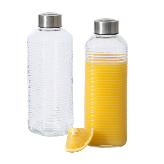 Gibson Home Aspen Heights 2 Piece Large Embossed Reusable Glassed Bottles W/ Airtight Leakproof Stainless Steel Lid, Pitcher for Water, Milk, Juice - Dishwasher Safe