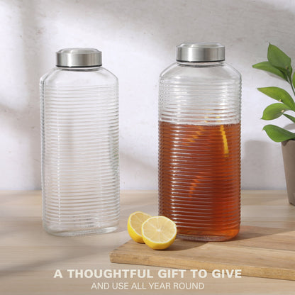 Gibson Home Aspen Heights 2 Piece Large Embossed Reusable Glassed Bottles W/ Airtight Leakproof Stainless Steel Lid, Pitcher for Water, Milk, Juice - Dishwasher Safe