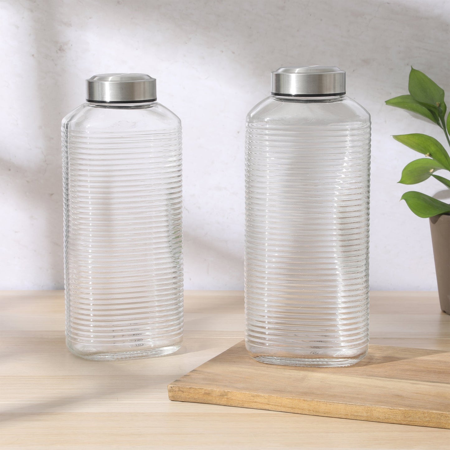 Gibson Home Aspen Heights 2 Piece Large Embossed Reusable Glassed Bottles W/ Airtight Leakproof Stainless Steel Lid, Pitcher for Water, Milk, Juice - Dishwasher Safe