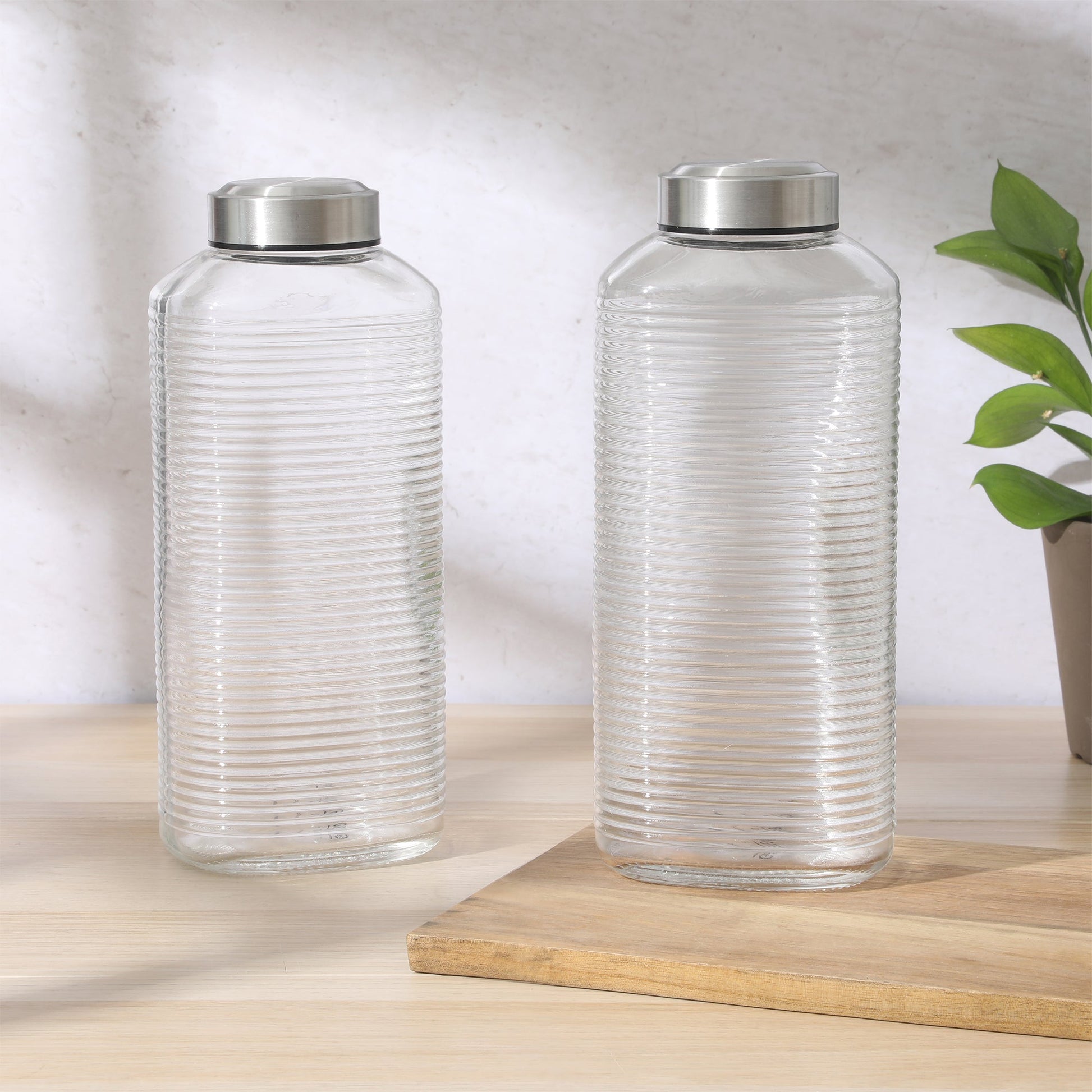 Gibson Home Aspen Heights 2 Piece Large Embossed Reusable Glassed Bottles W/ Airtight Leakproof Stainless Steel Lid, Pitcher for Water, Milk, Juice - Dishwasher Safe