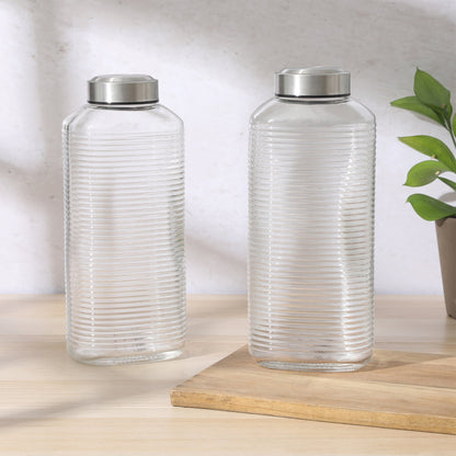 Gibson Home Aspen Heights 2 Piece Large Embossed Reusable Glassed Bottles W/ Airtight Leakproof Stainless Steel Lid, Pitcher for Water, Milk, Juice - Dishwasher Safe