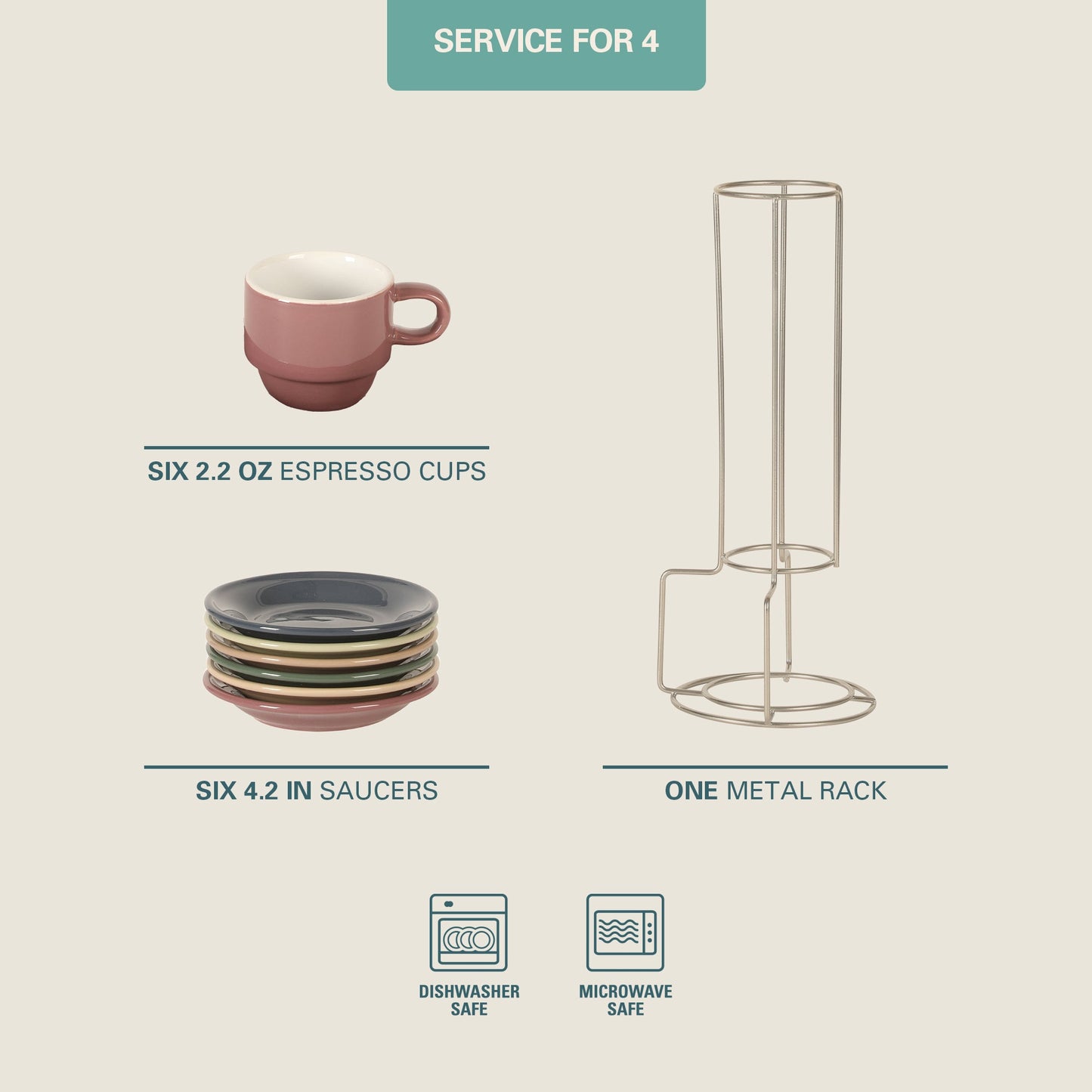 Gibson Home Brew Harmony 13 Piece Espresso Cup Set with Metal Rack, Stoneware Espresso Cups & Saucers, Solid Color Stackable Coffee Set, Café Style, Dishwasher & Microwave Safe