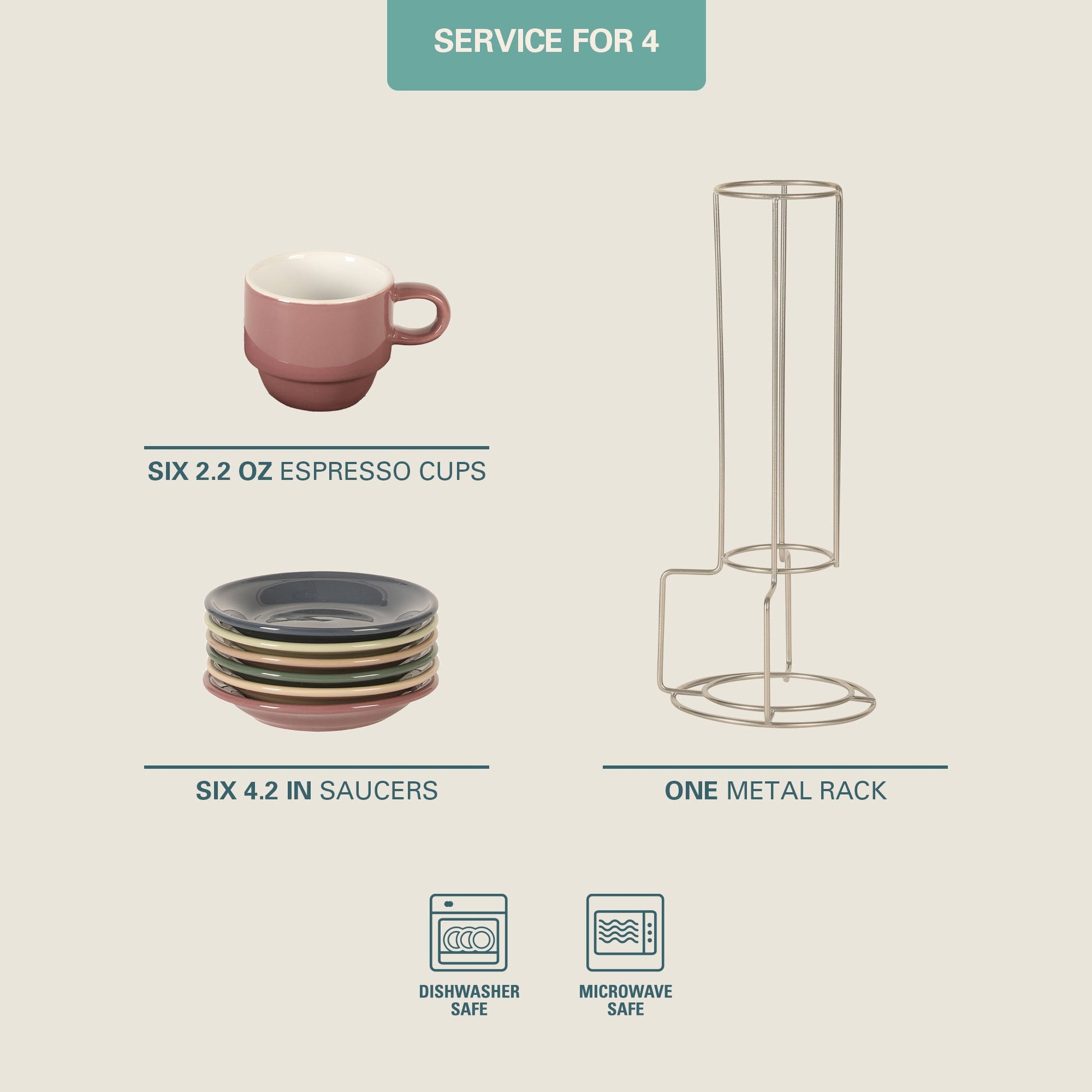 Gibson Home Brew Harmony 13 Piece Espresso Cup Set with Metal Rack, Stoneware Espresso Cups & Saucers, Solid Color Stackable Coffee Set, Café Style, Dishwasher & Microwave Safe