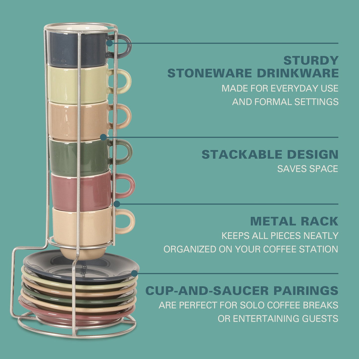 Gibson Home Brew Harmony 13 Piece Espresso Cup Set with Metal Rack, Stoneware Espresso Cups & Saucers, Solid Color Stackable Coffee Set, Café Style, Dishwasher & Microwave Safe