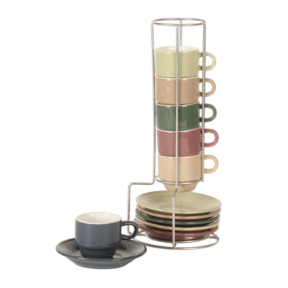 Gibson Home Brew Harmony 13 Piece Espresso Cup Set with Metal Rack, Stoneware Espresso Cups & Saucers, Solid Color Stackable Coffee Set, Café Style, Dishwasher & Microwave Safe