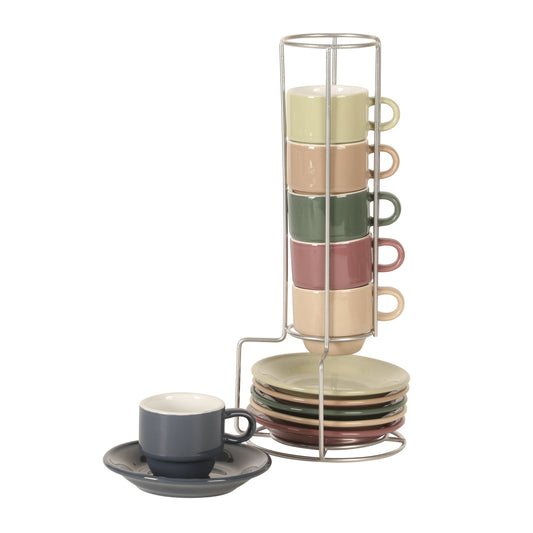Gibson Home Brew Harmony 13 Piece Espresso Cup Set with Metal Rack, Stoneware Espresso Cups & Saucers, Solid Color Stackable Coffee Set, Café Style, Dishwasher & Microwave Safe