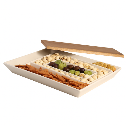 Gibson Elite 3-Section Stoneware Serving Tray with Acacia Lid – Taupe Rectangular Chip & Dip, Condiment, Snack and Appetizer Server for Parties & Entertaining