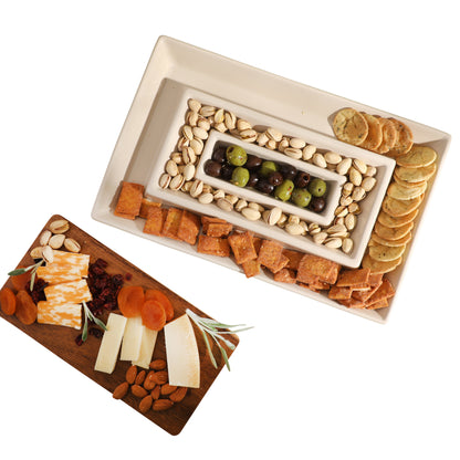 Gibson Elite 3-Section Stoneware Serving Tray with Acacia Lid – Taupe Rectangular Chip & Dip, Condiment, Snack and Appetizer Server for Parties & Entertaining