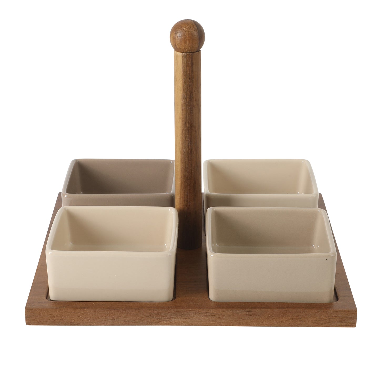 Gibson Elite 4-Piece Stoneware Tidbit, Condiment & Dip Dish Set with Acacia Wood Tray – Taupe Square Appetizer, Snack, Topping & Entertaining Server