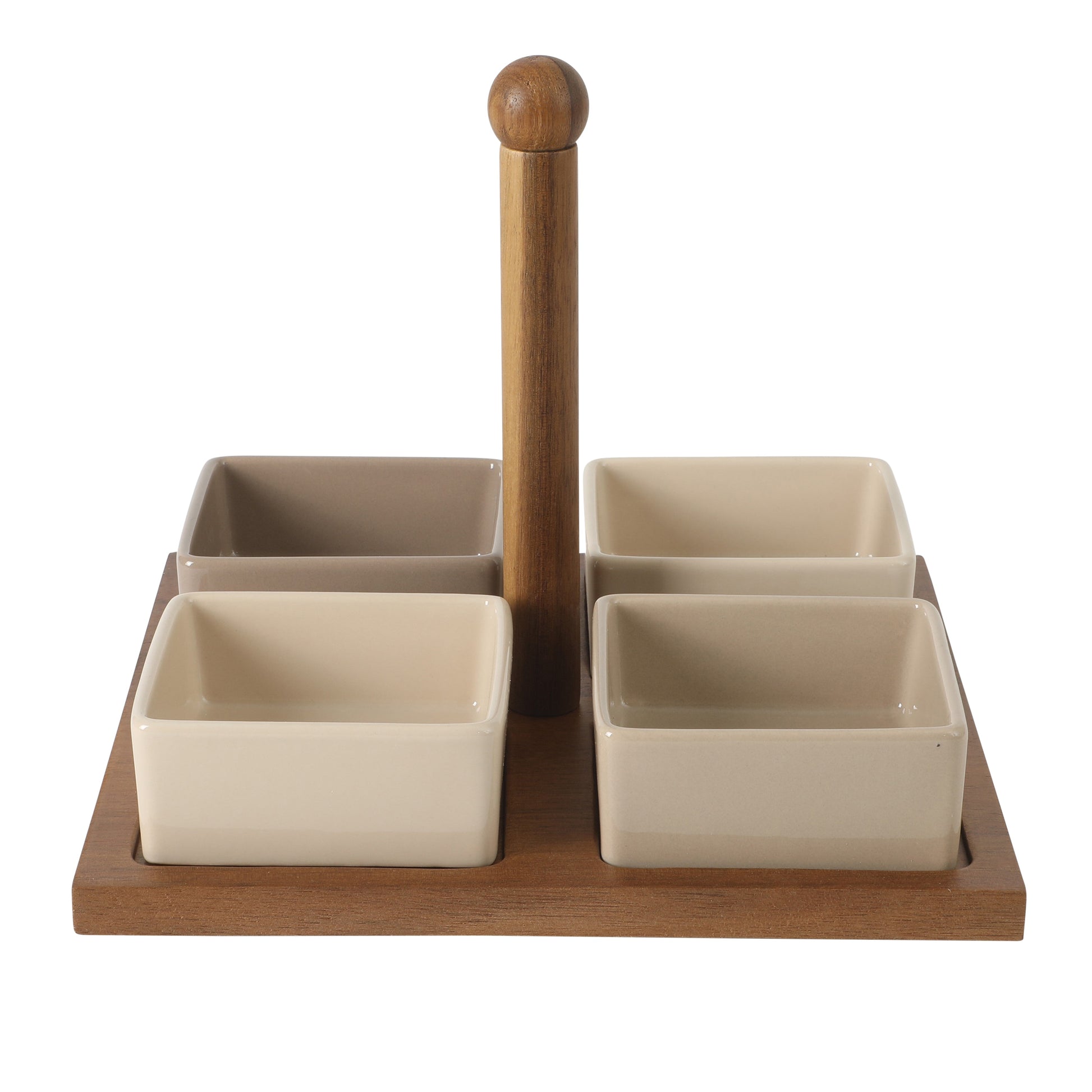 Gibson Elite 4-Piece Stoneware Tidbit, Condiment & Dip Dish Set with Acacia Wood Tray – Taupe Square Appetizer, Snack, Topping & Entertaining Server