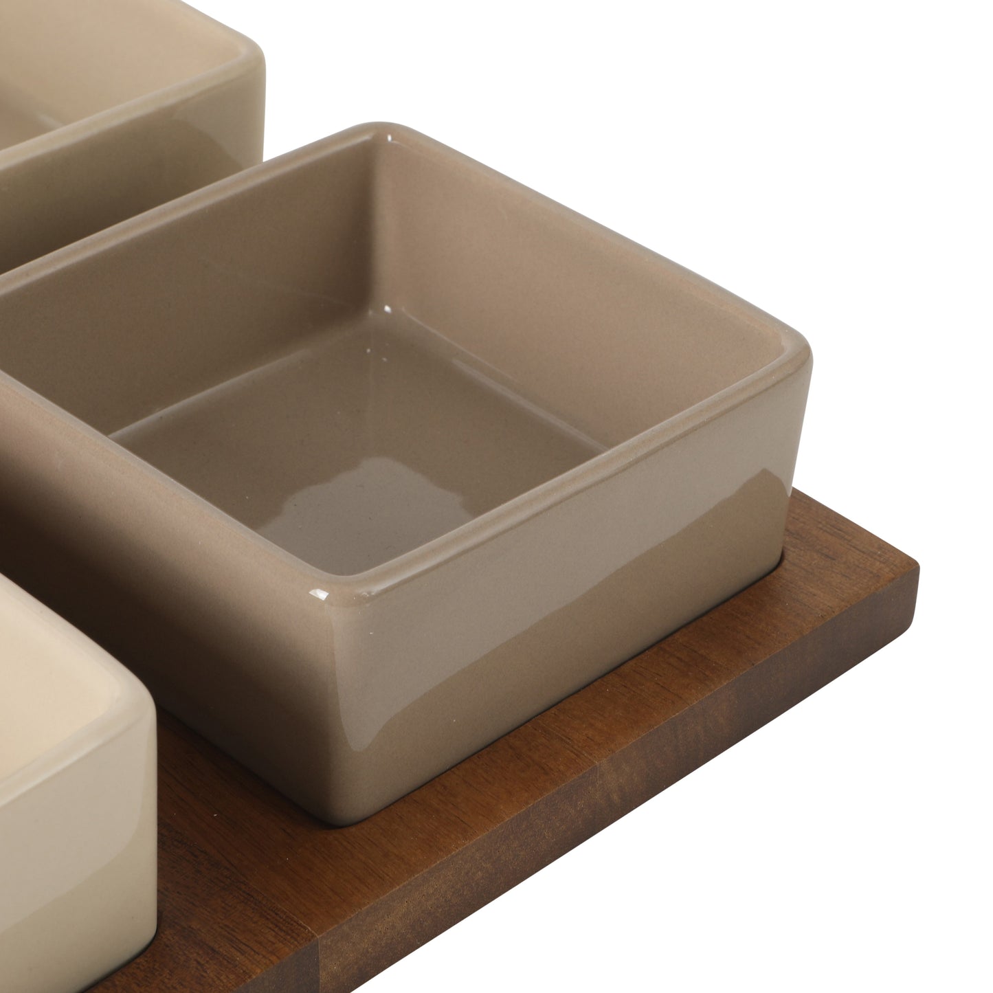 Gibson Elite 4-Piece Stoneware Tidbit, Condiment & Dip Dish Set with Acacia Wood Tray – Taupe Square Appetizer, Snack, Topping & Entertaining Server
