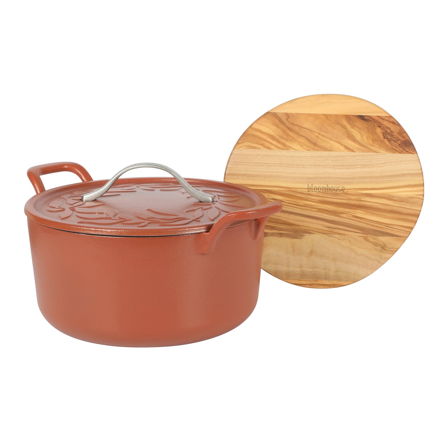 Bloomhouse 7 Qt Cast Iron Dutch Oven W/ Embossed Lid, European Enamel, & Olive Wood Trivet