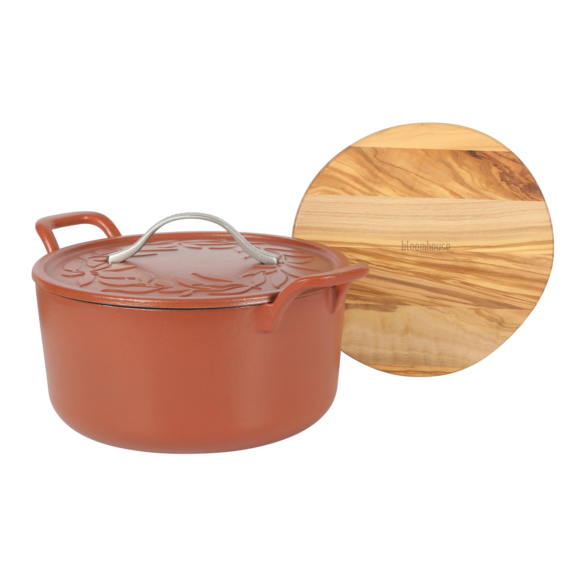 Bloomhouse 7 Qt Cast Iron Dutch Oven W/ Embossed Lid, European Enamel, & Olive Wood Trivet