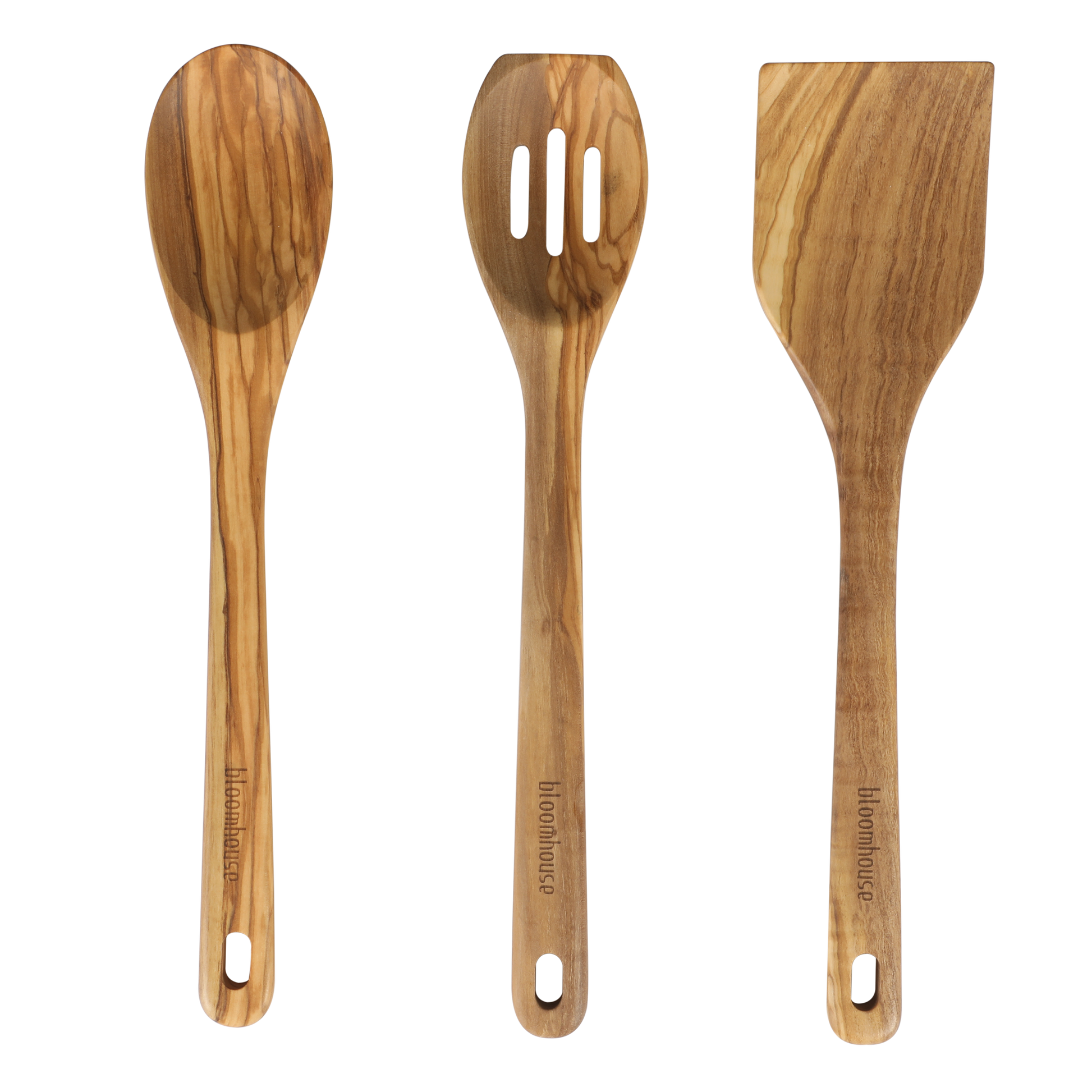 Bloomhouse Italian Olive Wood 3 Piece Extra-Large 14 Inch Turner, Spoon, and Slotted Spoon Set