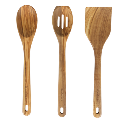 Bloomhouse Italian Olive Wood 3 Piece Extra-Large 14 Inch Turner, Spoon, and Slotted Spoon Set