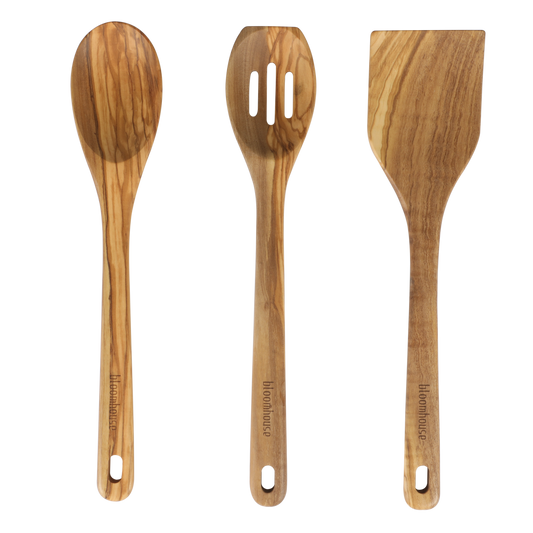 Bloomhouse Italian Olive Wood 3 Piece Extra-Large 14 Inch Turner, Spoon, and Slotted Spoon Set