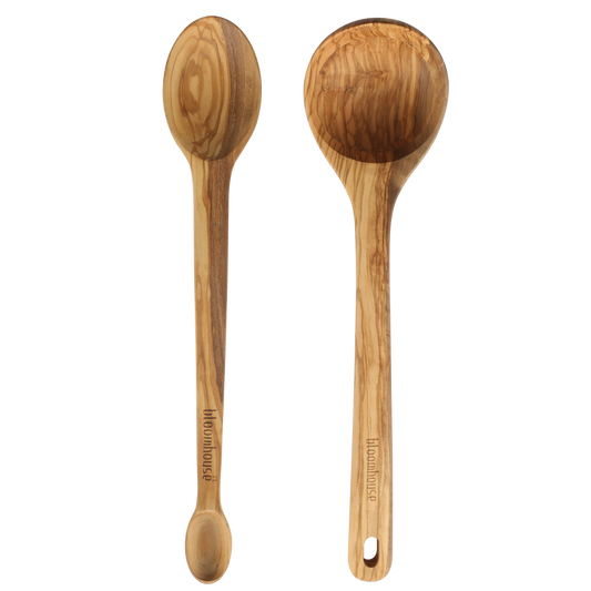 Bloomhouse Italian Olive Wood 2-Piece Extra-Large 14 Inch Ladle and Tasting Spoon Set