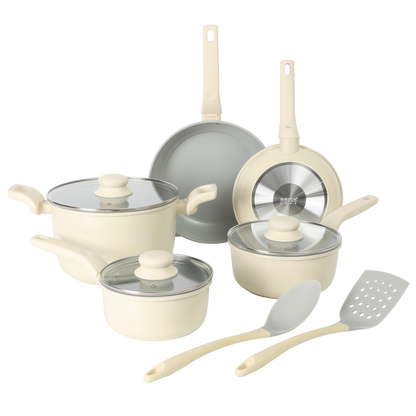 Gibson Home Barnsdall 10 Piece Premium PFA Free Ceramic Nonstick Pots and Pans Aluminum Cookware Set W/ Kitchen Tools - Linen