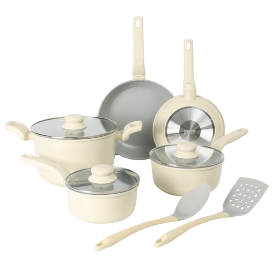 Gibson Home Barnsdall 10 Piece Premium PFA Free Ceramic Nonstick Pots and Pans Aluminum Cookware Set W/ Kitchen Tools - Linen