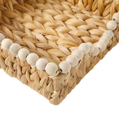 Gibson Home Riverrun Grove Woven Decorative Napkin Holder Tray – Natural Water Hyacinth Square Basket with Wood-Bead Trim for Napkins, Keys, Mail, Coffee Table Décor & Kitchen Counter Storage