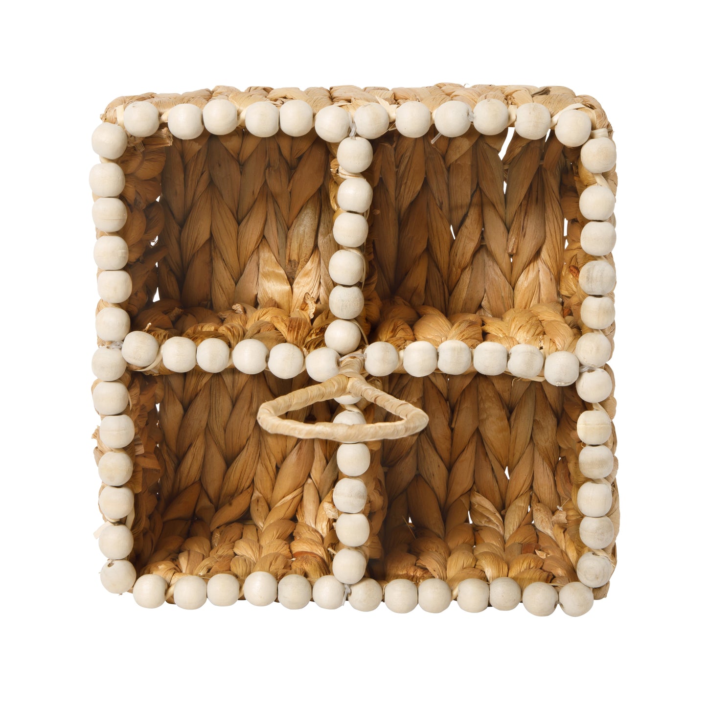 Gibson Home Riverrun Grove Woven Utensil Caddy with 4 Compartments, Natural Hand-Braided Water Hyacinth Basket with Wood-Bead Trim for Napkins, Cutlery, Condiments & Tabletop Storage