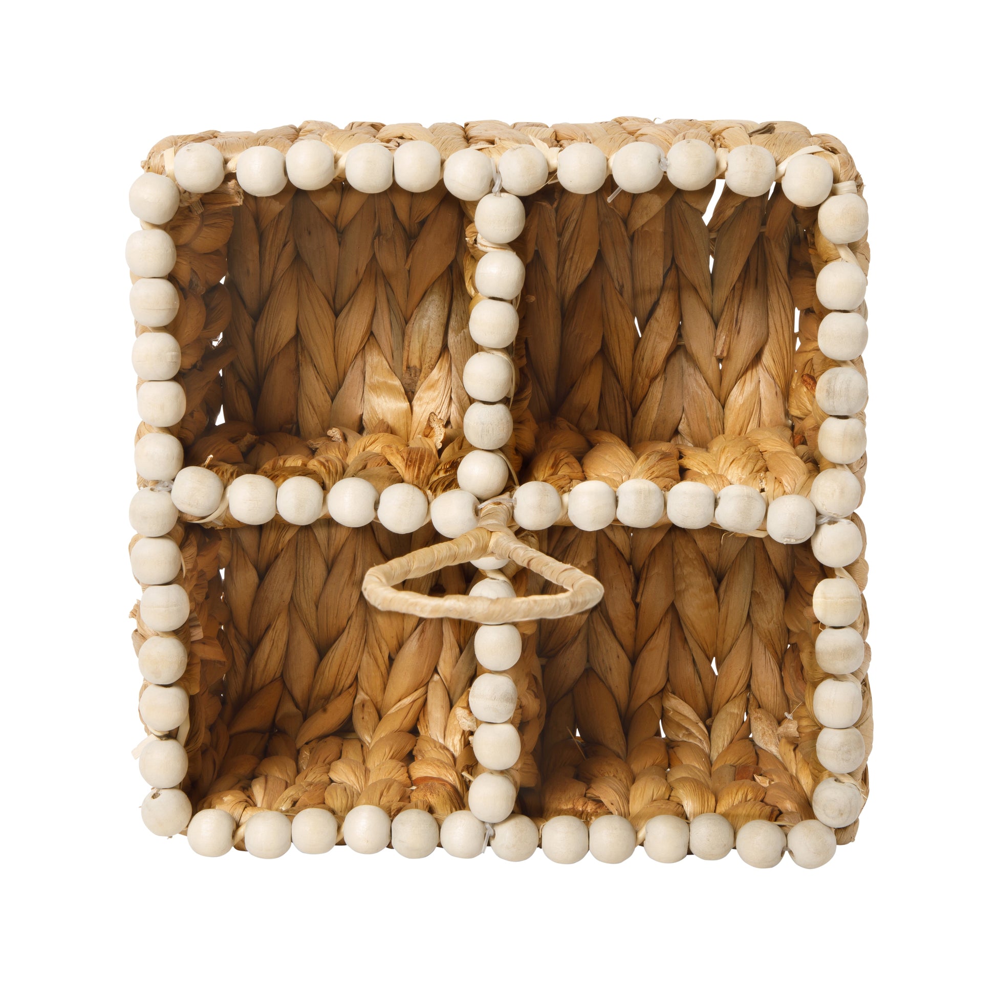 Gibson Home Riverrun Grove Woven Utensil Caddy with 4 Compartments, Natural Hand-Braided Water Hyacinth Basket with Wood-Bead Trim for Napkins, Cutlery, Condiments & Tabletop Storage