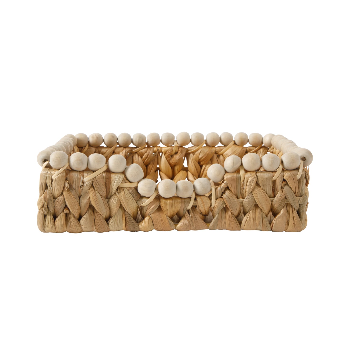 Gibson Home Riverrun Grove Woven Decorative Napkin Holder Tray – Natural Water Hyacinth Square Basket with Wood-Bead Trim for Napkins, Keys, Mail, Coffee Table Décor & Kitchen Counter Storage