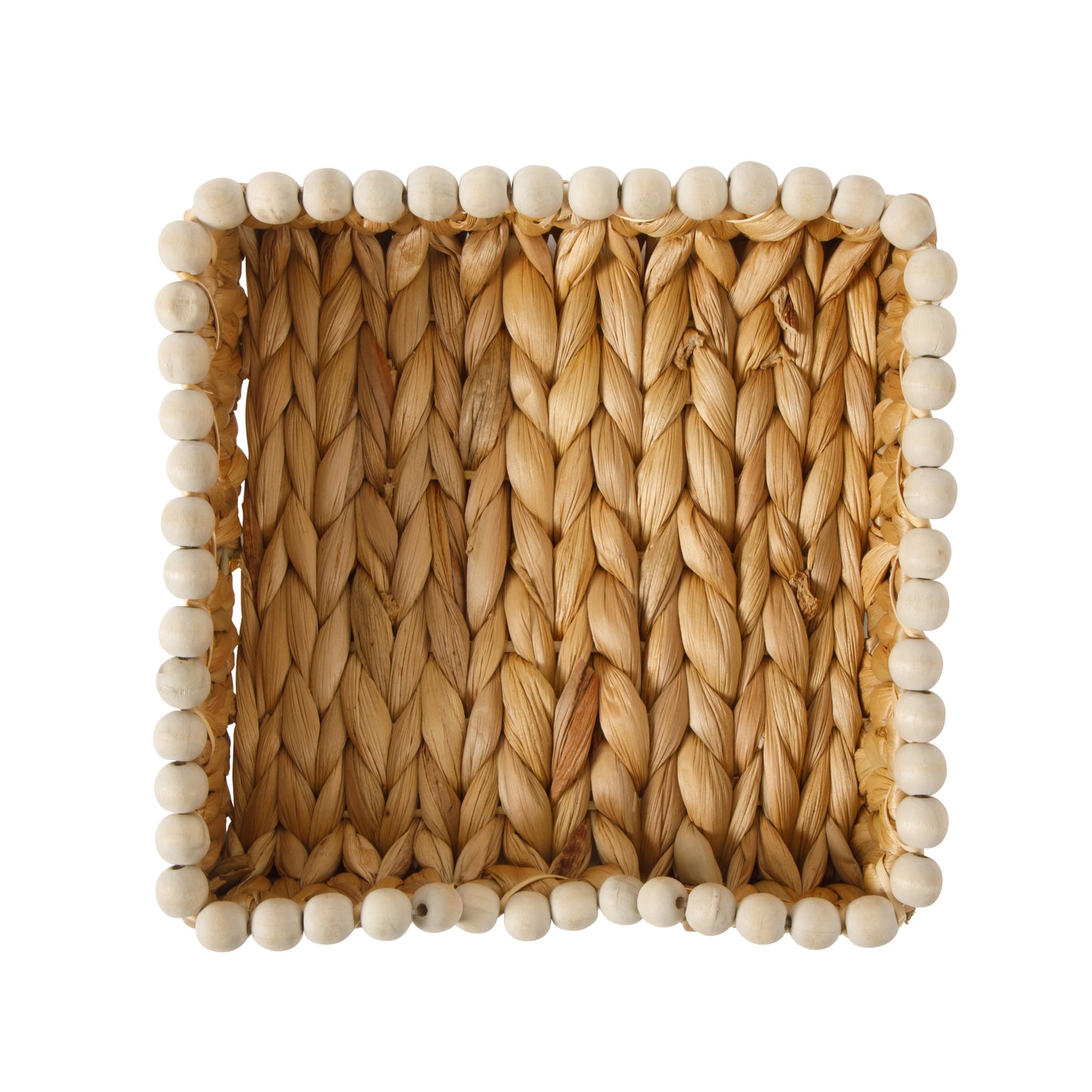 Gibson Home Riverrun Grove Woven Decorative Napkin Holder Tray – Natural Water Hyacinth Square Basket with Wood-Bead Trim for Napkins, Keys, Mail, Coffee Table Décor & Kitchen Counter Storage