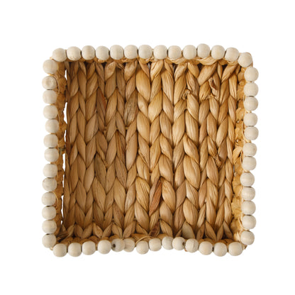 Gibson Home Riverrun Grove Woven Decorative Napkin Holder Tray – Natural Water Hyacinth Square Basket with Wood-Bead Trim for Napkins, Keys, Mail, Coffee Table Décor & Kitchen Counter Storage