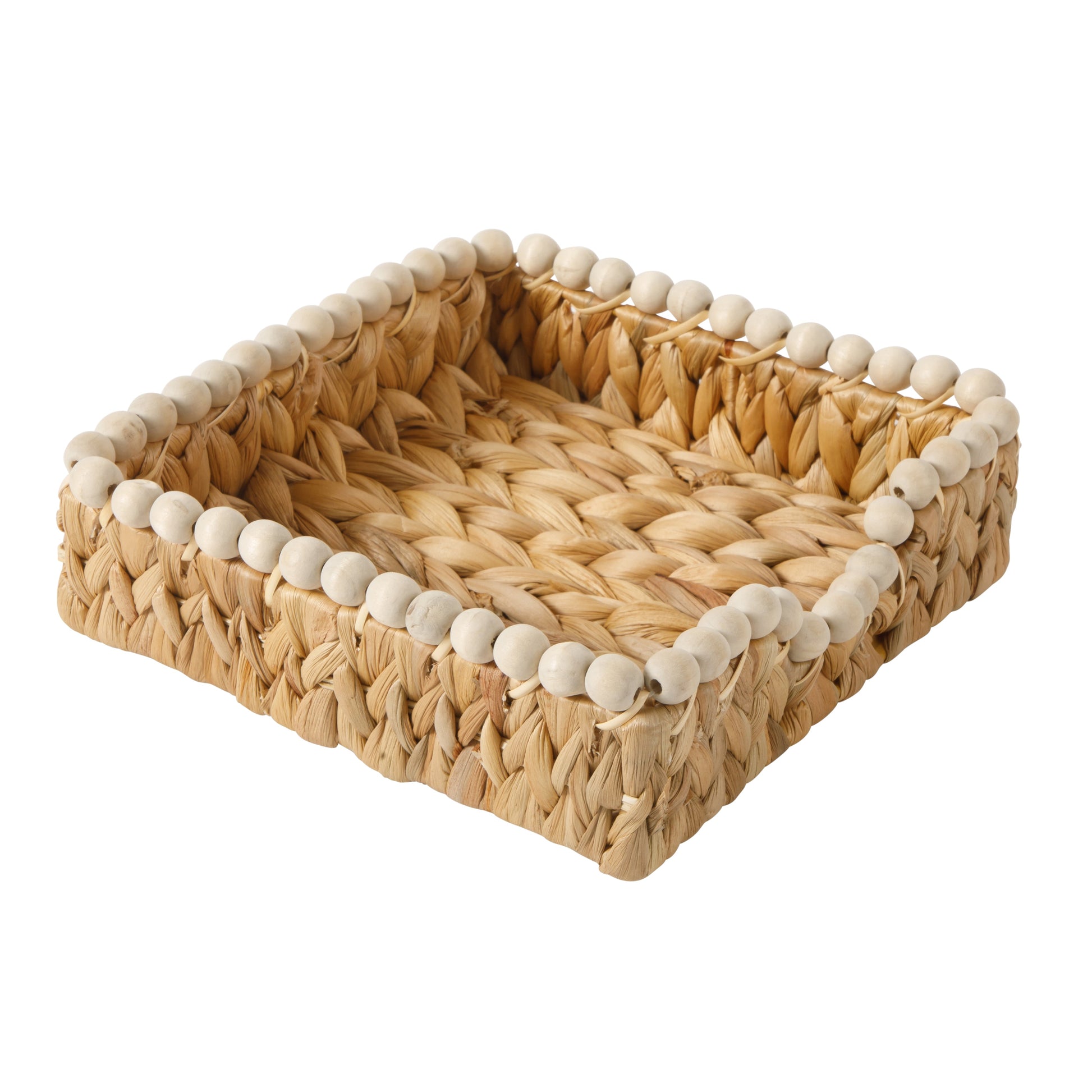 Gibson Home Riverrun Grove Woven Decorative Napkin Holder Tray – Natural Water Hyacinth Square Basket with Wood-Bead Trim for Napkins, Keys, Mail, Coffee Table Décor & Kitchen Counter Storage