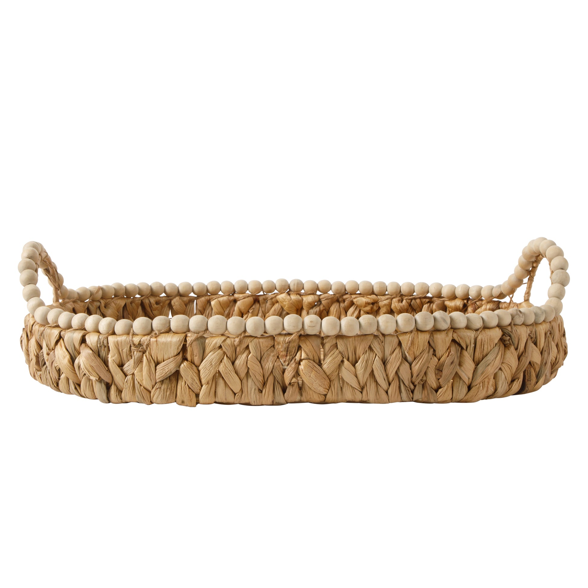Gibson Home Riverrun Grove 17" Woven Decorative Serving Tray – Large Natural Water Hyacinth Basket w/ Wood-Bead Trim & Handles for Coffee Table Décor, Ottomans, Centerpieces & Kitchen Counter Display