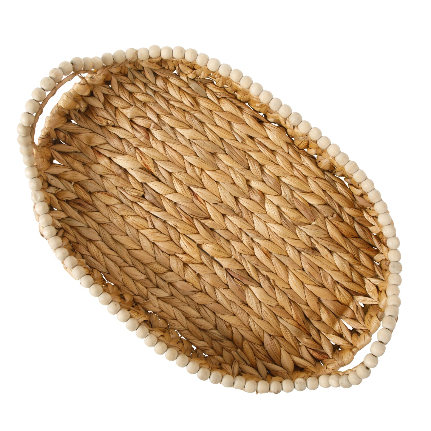 Gibson Home Riverrun Grove 17" Woven Decorative Serving Tray – Large Natural Water Hyacinth Basket w/ Wood-Bead Trim & Handles for Coffee Table Décor, Ottomans, Centerpieces & Kitchen Counter Display