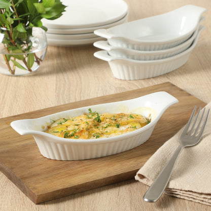 Gibson Home Gracious Dining Oval Au Gratin Baking Dishes, 4-Piece Set – 9 oz Oven Safe Banana Split Bowls, Ceramic Small Casserole Dishes with Handles, Microwave & Dishwasher Safe Mini Bakeware, White