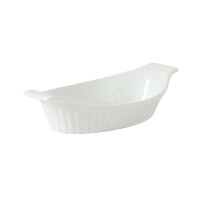 Gibson Home Gracious Dining Oval Au Gratin Baking Dishes, 4-Piece Set – 9 oz Oven Safe Banana Split Bowls, Ceramic Small Casserole Dishes with Handles, Microwave & Dishwasher Safe Mini Bakeware, White