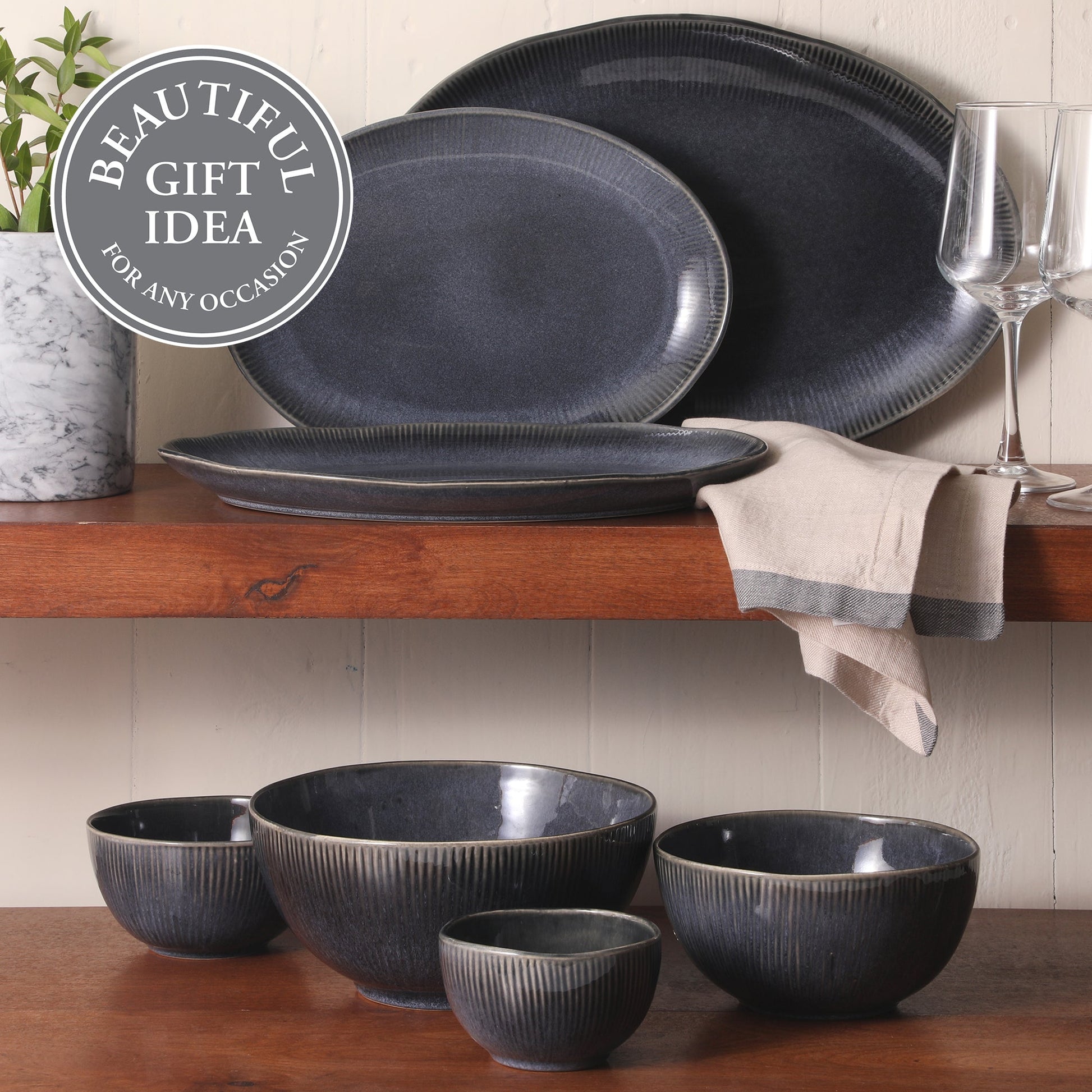 Gibson Elite Sandy Pines 4 Piece Nesting Bowl Set, 4”, 5.5”, 7” & 9” Round Stoneware Bowls, Reactive Glaze Finish, Mixing, Prep & Serving Bowls, Microwave & Dishwasher Safe