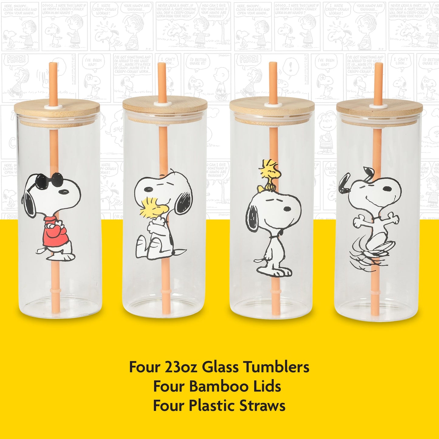 Peanuts Snoopy Happy Sips 4 Piece 23 OZ Tumbler Set with 4 Bamboo Lids and 4 Straws Set, Iced Coffe, Smoothie, Water Cup - Dishwasher Safe