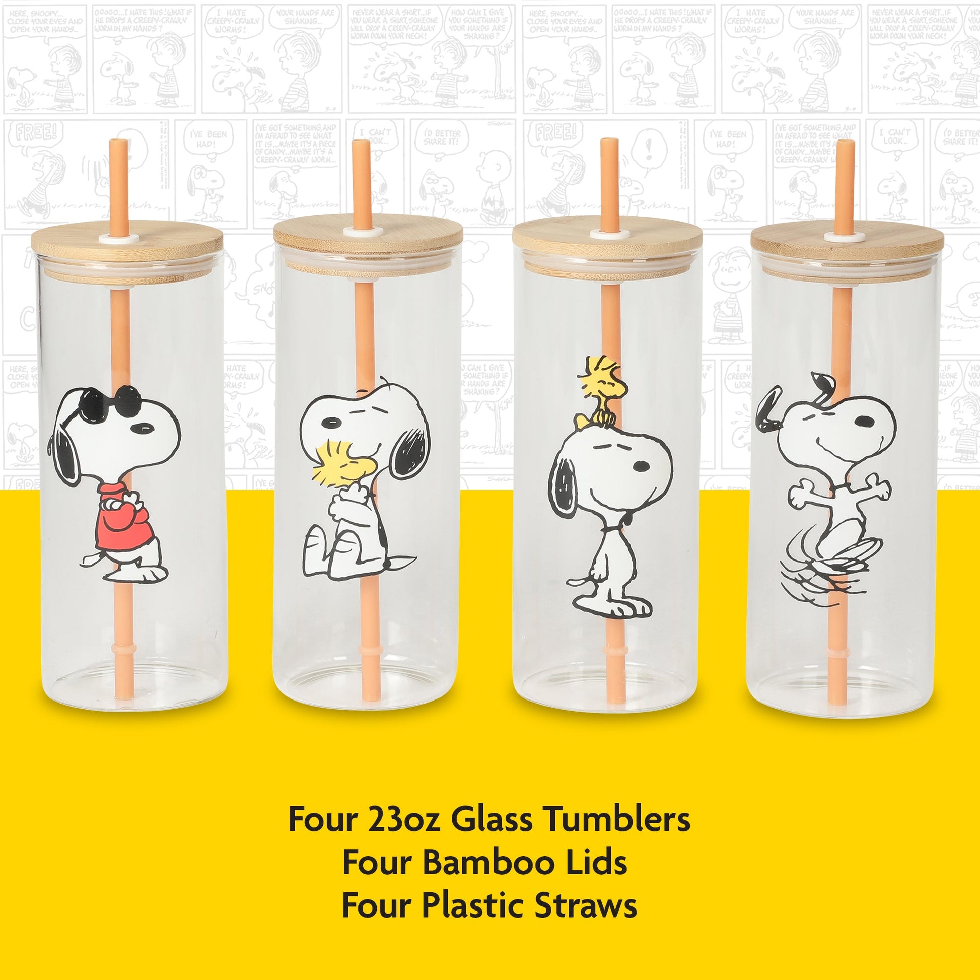 Peanuts Snoopy Happy Sips 4 Piece 23 OZ Tumbler Set with 4 Bamboo Lids and 4 Straws Set, Iced Coffe, Smoothie, Water Cup - Dishwasher Safe